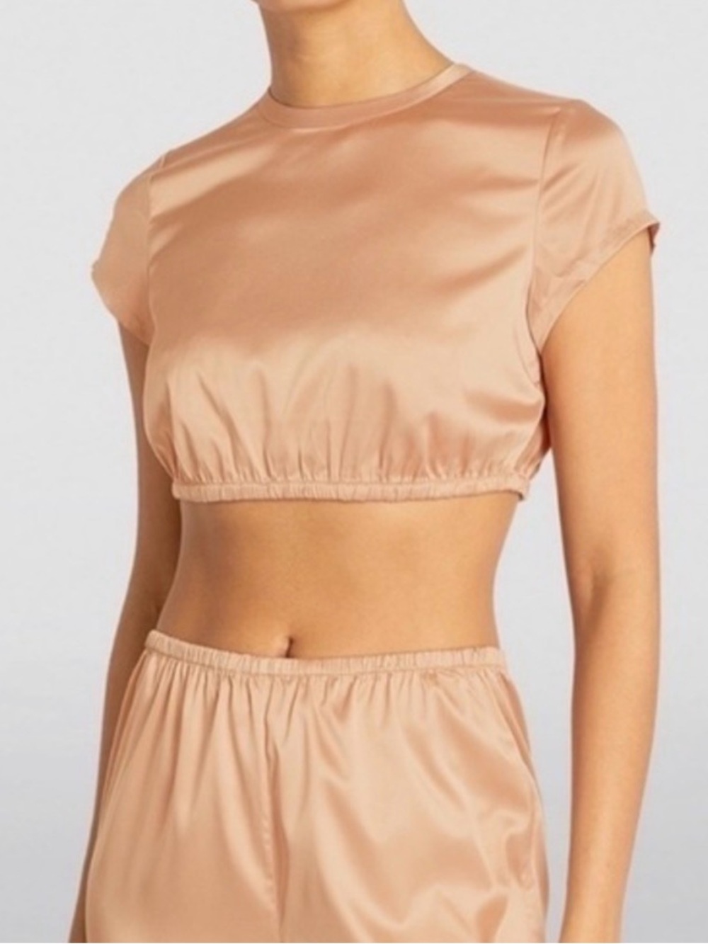 SKIMS Satin Crop Tee and shorts in Blush Tan